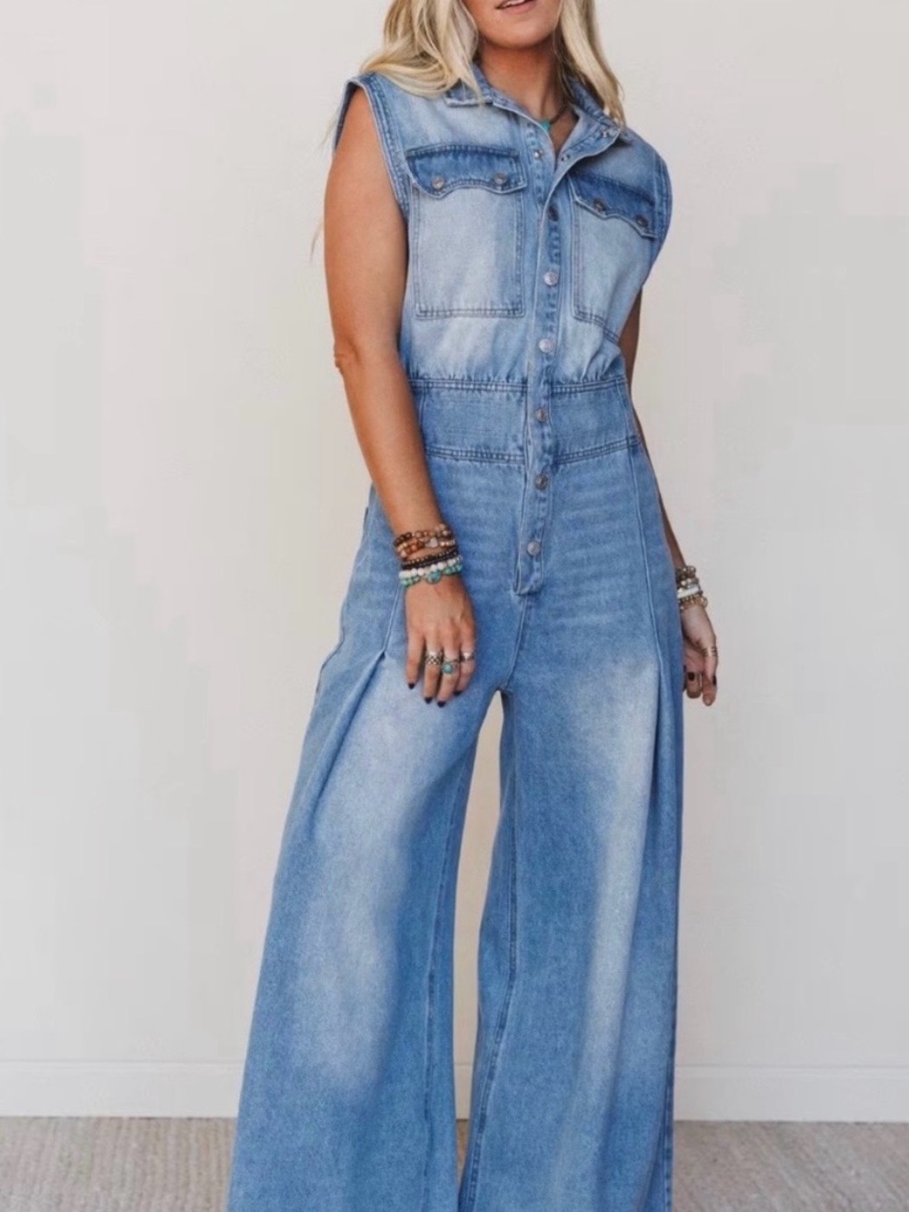 Sleeveless Light Blue Wide-Leg Denim Jumpsuit